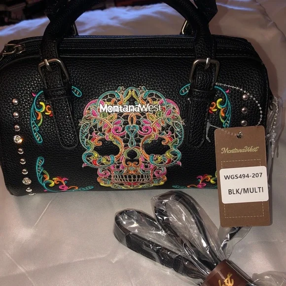 Montana West Black Faux Leather Embroidered Sugar Skull Satchel Crossbody NWT - Picture 15 of 16